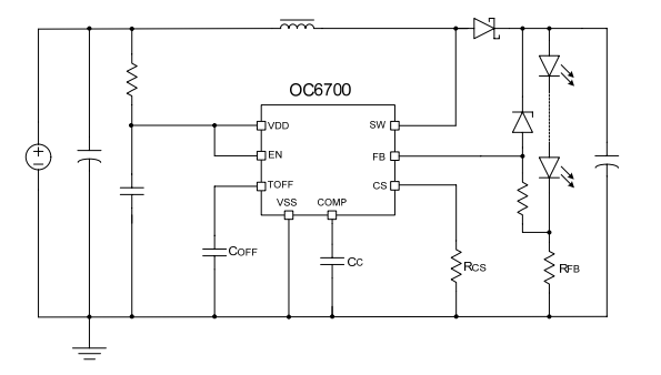 单节锂电池升压恒流LED驱动芯片推荐型号OC6700应用电路图原理
